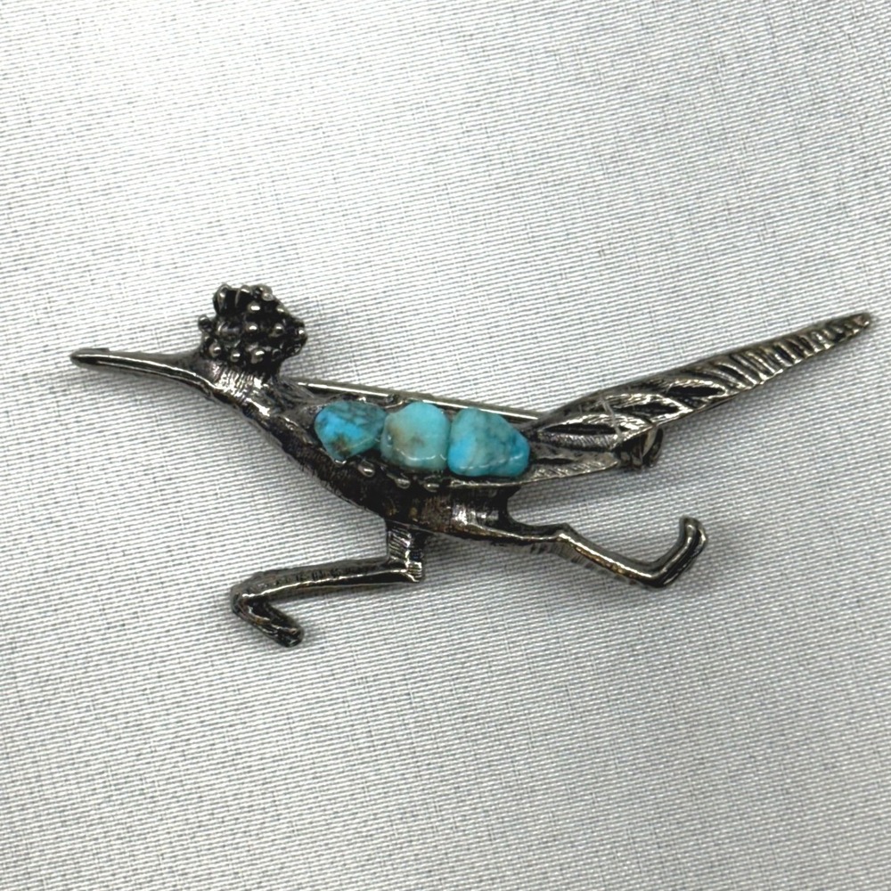 Unbranded Roadrunner Brooch Unisex OS Silver Turquoise Excellent Vintage Animal